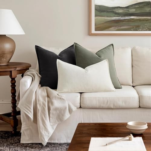 Image of MIULEE Pack of 2 Thick Textured Couch Throw Pillow Covers, Natural Beige Decorative Pillow Covers 22x22, Neutral Linen Cushion Cases for Sofa Bed Living Room Modern Farmhouse Home Decor, No Filling