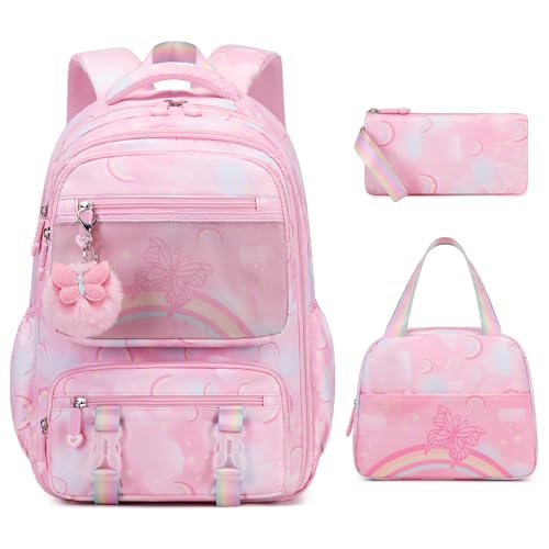 Scothen Backpack for Girls, Rainbow Butterfly Girls Backpacks with Lunch Bag Pencil Case Set, Kids Backpack Kindergarten Elementary Middle School Book Bag for Teen Girl Children Students