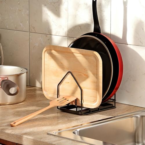 PAVSTINE Organizador Sartenes y Ollas Cajon con Bandeja de Goteo, Organizador Tapas Ollas, Organizador Cajones Cocina para Tapa de Cacerola de 16-34 cm, Soporte Bandejas Cocina, Separador de Platos