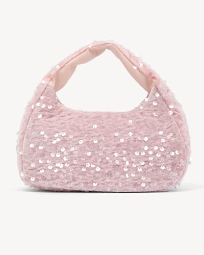 Image of NEWBELLA Women's Sequin Fringe Hobo Evening Bag - Sparkly Shoulder Purse for Cocktail Party, Date Night, Wedding & Special Occasions (Light Pink)