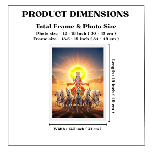 Image of ARTFUL TOY BOX - Surya Dev with Seven (7) Horses Photo Frame Wall Hanging | Divine Solar Chariot Rising Sun Design | Spiritual Surya Dev Artwork | Glossy HD Print | Premium White Fiber Frame | Devotional Home Decor - 12x18 Inch (30x45 cm)(Design 4)