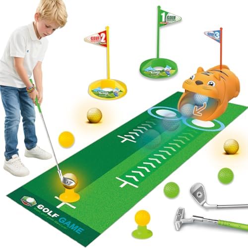 Ysityum Children's Golf Toy, Golf Set Includes a Golf Mat, 3 Golf Clubs, 8 Balls