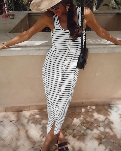 Image of NOLLSOM Women Casual Sleeveless Striped Tank Midi Dresses Spring U Neck Bodycon Dresses T Shirt Summer Dress