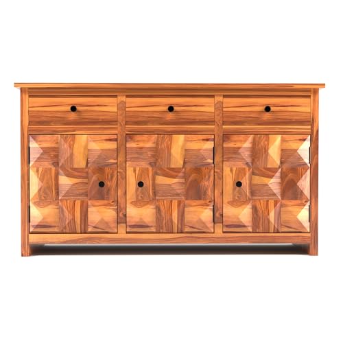 Image of Solid Sheesham Wood Wooden Sideboard Storage Cabinet & Chest of Drawer : Ideal for Living Room and Bedroom with 3 Drawers and 3-Shelf Storage (Morse, Honey Finish)