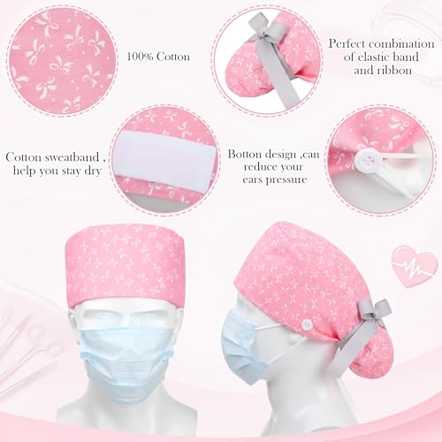 Image of 6 Pcs Scrub Cap Women Adjustable Nurse Cap with Button Bouffant Medical Surgical Hat Sweatband for Gift