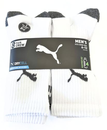 PUMA Men's Crew Socks, 8 pair, Fits Shoe Sizes 6-12, White