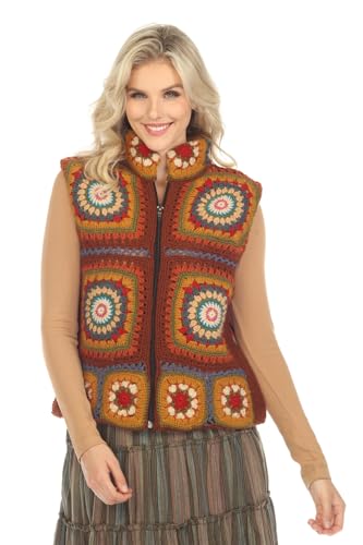 Crochet Mandala Fleece Lined Vest-Rust-S/M