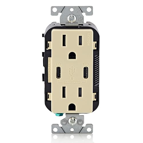 Image of Leviton T5637-I 30W (6A) USB Dual Type-C /C in-Wall Charger with 15A Tamper-Resistant Outlet, USB Charger for Smartphones and Tablets, Not for Laptops, Ivory