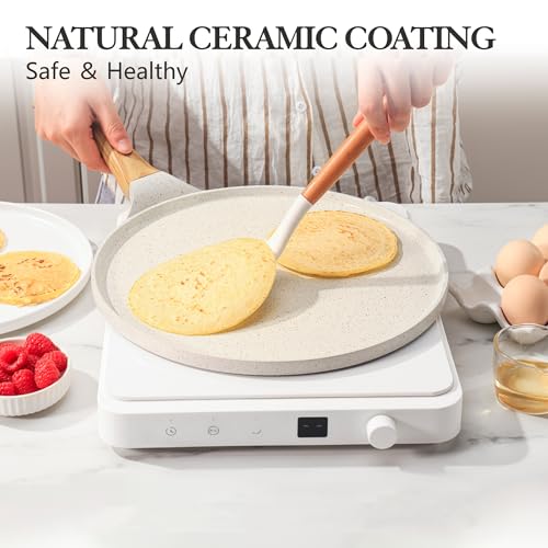 SENSARTE Nonstick Crepe Pan with Spreader, 12-Inch Natural Ceramic Coating Dosa Pan Pancake Flat Skillet Tawa Griddle with Stay-Cool Handle, Induction Compatible (White)