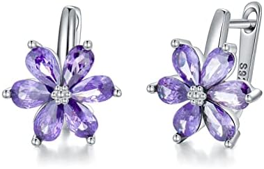 VONALA Flower Huggie Hoop Earrings with June Birthstone Crystal 925 Sterling Silver Small Hoop Purple Floral Charm Earrings Jewelry Gifts for Women Girls