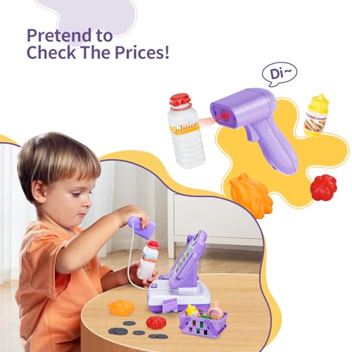 Image of FS Pretend Play Cash Register Toy Preschool Gift for Kids, Classic Count Toy with Sound, Microphone, Scanner, Credit Card, Play Food for Boys & Girls, 57 Pieces Play Set, Ages 3 4 5 6 7, Purple