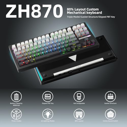 Image of ZORNHER ZH870 Wireless Mechanical Gaming Keyboard,80% Black Custom Creamy Sound Keyboard with Shine Through PBT Keycaps,Pre-lubed Linear Switches,Hot-Swappable,RGB Backlit,2.4GHz /USB-C /BT5.0