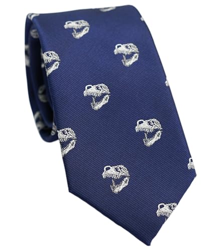ZENXUS Dinosaur Skull Tie for Men, Jacquard Designer Navy Blue Dino Necktie