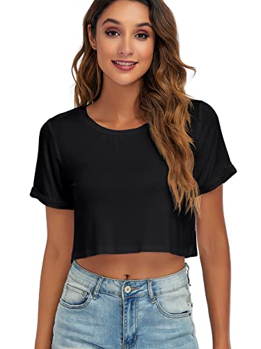 Womens Basic Summer Round Neck Crop Tops Loose Rolled Short Sleeve Solid Tee Shirt