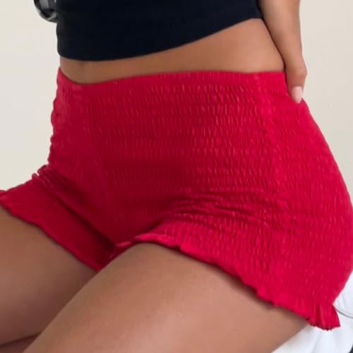 Image of NUFIWI Women's Y2k Ruched Mini Shorts Low Waist Ruffle Frill Bloomers Lounge Pajamas Smocked Micro Shorts Sleepwear