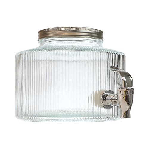 HOME DECO FACTORY - KV7435 - Distributeur de Boisson Strié en Verre 2L - Design Élégant avec Large Bouchon pour Glaçons et Fruits - Idéal pour Apéritifs - Transparent - 2L - Transparent