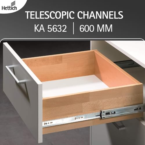 Image of Hettich Telescopic Ball Bearing Channel KA 5632 /600mm | Zinc Finish, Normal Closing | Drawer Channel for Home, Kitchen & Wardrobe | Load Capacity 45 kg | Full Extension (Galvanised Steel, 2 Pcs)