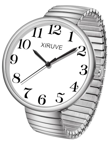 XIRUVE Facile à Lire Super Grand Cadran Chiffres Arabes Bracelet Élastique en Acier Inoxydable Montre à Quartz Analogique pour Femme Homme