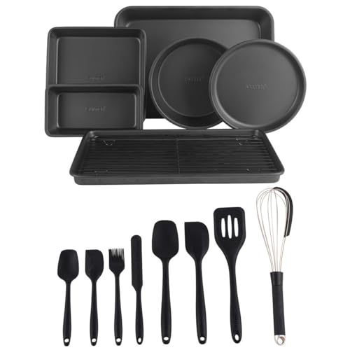 Salter COMBO-8946 Bakes Bakeware & Utensil Set – 7 Stackable Non-Stick Oven Trays, 8 Silicone Cooking Tools, Baking Tray, Cake Tins, Roasting Tin, Cooling Rack, PFOA-Free, Easy Clean, Black