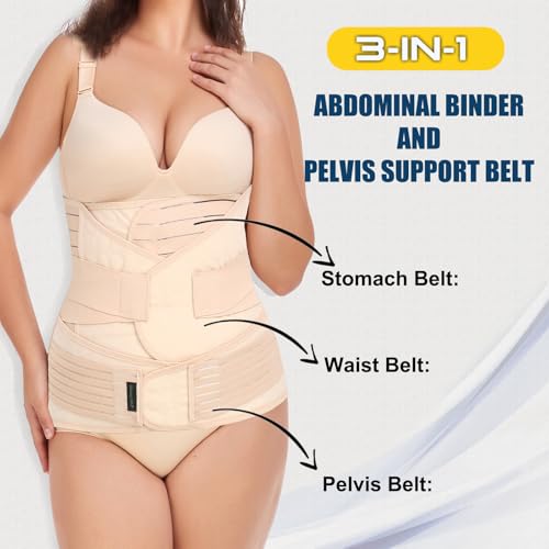 Image of ChongErfei 3 in 1 Postpartum Support Recovery Belly Wrap Waist /Pelvis Belt Body Shaper Postnatal Shapewear,XL Beige
