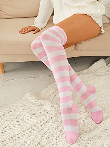 Zanzea Womens Over Knee Thigh High Socks Long Striped Stocking Pink White One Size #TOP1