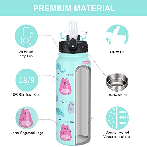 GOPPUS 600ml/20oz Stainless Water Bottle with Straw Double Wall Insulated Bottles with Strap One Hand Open Vacuum Thermal Flask Leakproof Keep Cold Bottles with Flip Top Lid BPA Free (Green Cat) - Image 2