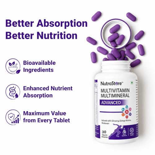 Image of NutraStore Multivitamin Multimineral Advanced Supplements for Men & Women | Multivitamin Tablets with Ginseng, Vitamins A, C, D3 & K2 | Energy, Immunity, Muscle Recovery & Wellness | 30 Veg Tablets ( Pack of 5 )