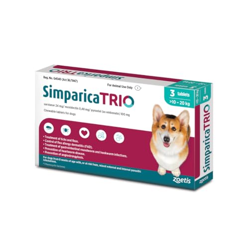 Simparica TRIO the Complete Flea Tick and Heartworm Prevention for Dogs (10-20Kg 3 Tablets)