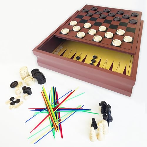 Goliath - Mallette Multi Jeux en Bois - 10 Jeux de Société Classiques Famille pour Enfants dès 6 Ans - Échecs, Dames, Backgammon, Mikado, Morpion - Plateau Réversible - 2 + Joueurs - en Français