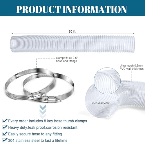 Yaocom 6 Inches 30 ft PVC Dust Collection Hose with Stainless Steel Clamps Set Flexible Clear Vacuum Puncture Resistant Fume Hose for Vacuums Cleaner Fume Dust Collection System (White) by Yaocom - Image 3