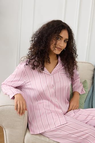 Image of YiNi LuLu Womens Silk Satin Pajamas Set Button Down 2 Piece Pjs Long Sleeve Oversized Sleepwear with Pockets