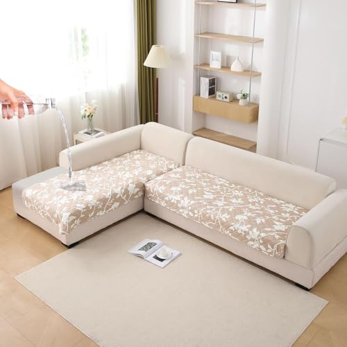 Image of HOKIPO 'Elira Series' Printed Water Repellent + Waterproof Quick Dry L Shape (3+2 Seater) Sofa Seat Cover Mat, Buff Brown Sillehoute Floral (NEW-AR-5249-C7 + NEW-AR-5246-C7)