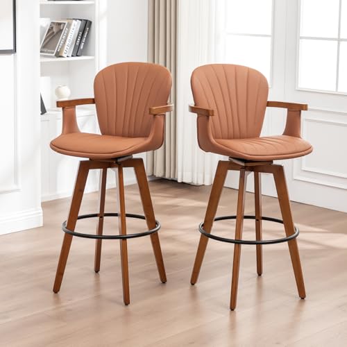 Image of LUNLING 30 inch Bar Height Stools Set of 2,Mid Century Modern Bar Stools,Brown PU Leather Kitchen Island Stools,Wood High Barstools Swivel with Back and Arms for Home Bar Furniture