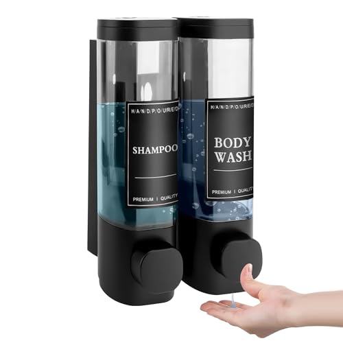 MEKOTRIN Distributeur de Savon Mural, Distributeur Gel Douche, Distributeur Double de Shampoing et Après-shampoing sans Perçage ABS pour Salle de Bain Cuisine Marché...
