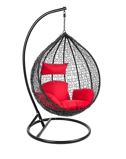 Single Seater Swing Chair with Stand & Cushionr for Outdoor,Indoor,Balcony,Garden,Patio,Powder Coated Frame,UV Protected Wicker,Cushion (Swing-Black/Cushion-RED)