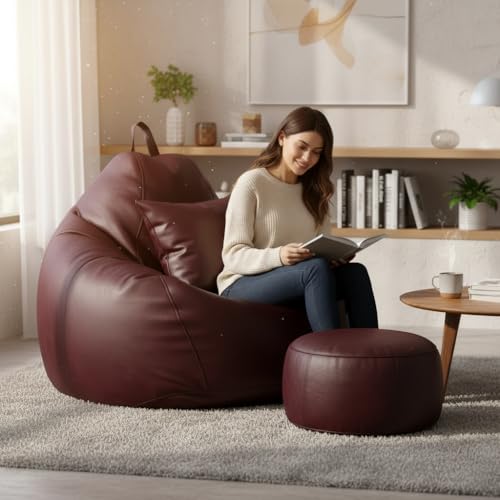 Image of KAM'S LIEU Bean Bag Chair with Footrest & Cushion | Pre-Filled Beans | PVC Leatherette Lounger Sofa | Indoor & Outdoor Bean Bag | 6 Months Warranty Size & Color- (Maroon, XXXXXL, Premium)