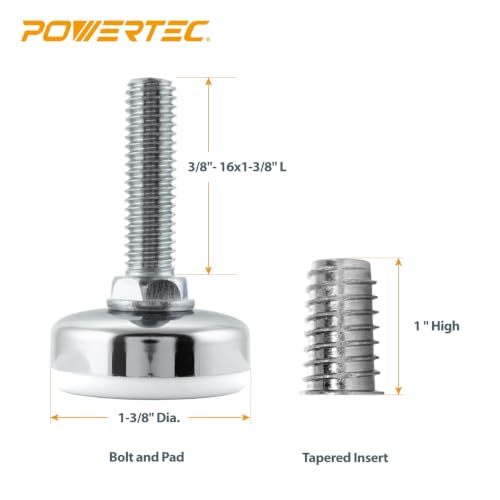 POWERTEC Threaded Leveling Feet 12PK with 3/8"-16 Threaded Inserts, Heavy Duty Adjustable Furniture Levelers with Large Nylon Foot for Cabinets, Benches, Tables & More (71189-P3) by POWERTEC - Used condition - Image 2