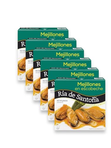 Mejillones en Escabeche Gigantes 10-14 piezas Ría de Santoña, Pandereta de 266g. Deliciosos mejillones seleccionados y escabechados con vinagre de vino, especias y aceite vegetal. (Pack 6)