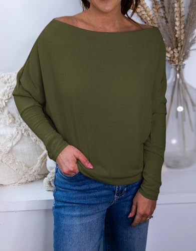 Okiwam Women's Fall Tops Long Batwing Sleeve Shirts Boat Neck Off The Shoulder Loose Tunic Blouses 2025 Fashion Clothes