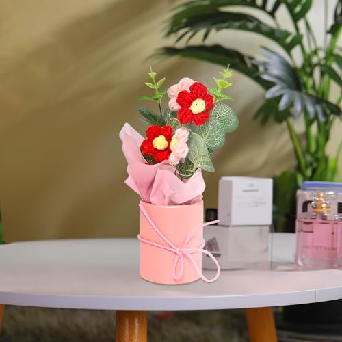 Image of Cortina Plastic Handmade Crochet Artificial Flowers with Light|Aesthetic Room Decor, Living & Bedroom Decor|Artificial Flower Wall Decor|Great for Gifting - Pink and Yellow - 8.12x6.35x19.8 CM