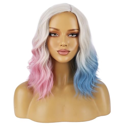 Image of BERON Blonde Ombre Pink Blue Wigs Short Curly Bob Wig for Women Ombre Color Wavy Synthetic Hair Wigs Daily Use