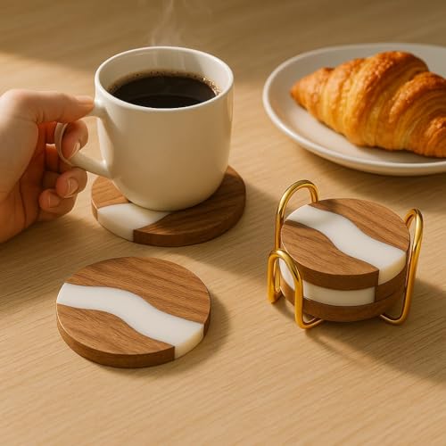 Image of CentraLit Wooden Coaster Set of 4 for Dining Table - Premium Wood & Resin Drink Coasters with Gold Stand - Stylish Tea Cup, Coffee Mug & Glass Coasters - Modern Table Coaster Set for Home (Round)