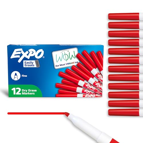 EXPO Dry Erase Markers, Low Odor Ink, Red, Fine Tip, 12 Count - Whiteboard, Calendar, Organization,...