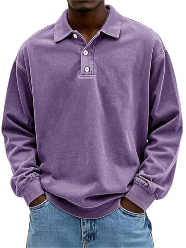 Mens Casual Polo Shirts Vintage Long Sleeve Button Up Golf Pullover Sweatshirts Retro Streetwear