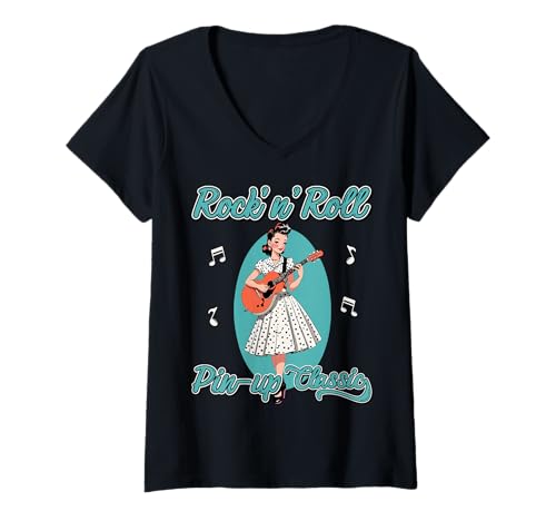 Femme Rockabilly 1950s Sock Hop Dance Doo Wop Retro Pinup Girl T-Shirt avec Col en V