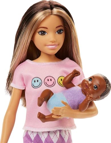 Image of Barbie Dolls and Accessories, Skipper Doll (Two-Tone Hair) with Baby Figure and 5 Accessories, Babysitters Inc. Playset