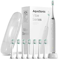 Aquasonic Vibe Series Ultra-Whitening Toothbrush – ADA Accepted Electric Toothbrush - 8 Brush Heads & Travel Case – 40,000 VPM Motor & Wireless Charging - 4 Modes w Smart Timer – Optic White