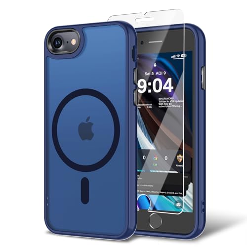 BPOASE for iPhone SE 2022/2020 Case,iPhone 7/8 Case with Screen Protector, [Compatible with Magsafe] Ultra Slim Translucent Matte Shockproof Protection Phone Cover-Dark Blue by BPOASE - Used condition - US$7.10