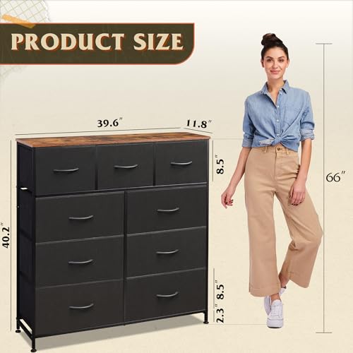 Image of WLIVE 9 Drawer Dresser, Fabric Storage Tower for Bedroom, Hallway, Closet, Tall Chest Organizer Unit for Bedroom with Fabric Bins, Steel Frame, Wood Top, Easy Pull Handle, Black and Rustic Brown