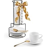 Lareina 3-Ounce Espresso Cups with Saucers, Spoons and Metal Stand, Small Stackable Coffee Cups Set of 4, Ceramic Demitasse Mugs, Gift for Housewarming or Wedding, White